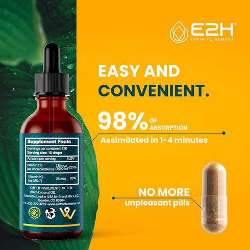 E2H EARTH TO HUMANS Vitamin D3 & K2 Supplement - Liquid Vitamin D3 5000 IU - Non-GMO, Vegan - (2 Bottles)