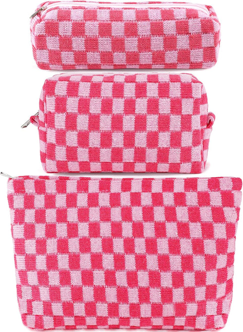 3Pcs Checkered Makeup Bag for Women, Large Cosmetic Bag Set, Travel Toiletry Bag, Pink Zipper Organizer