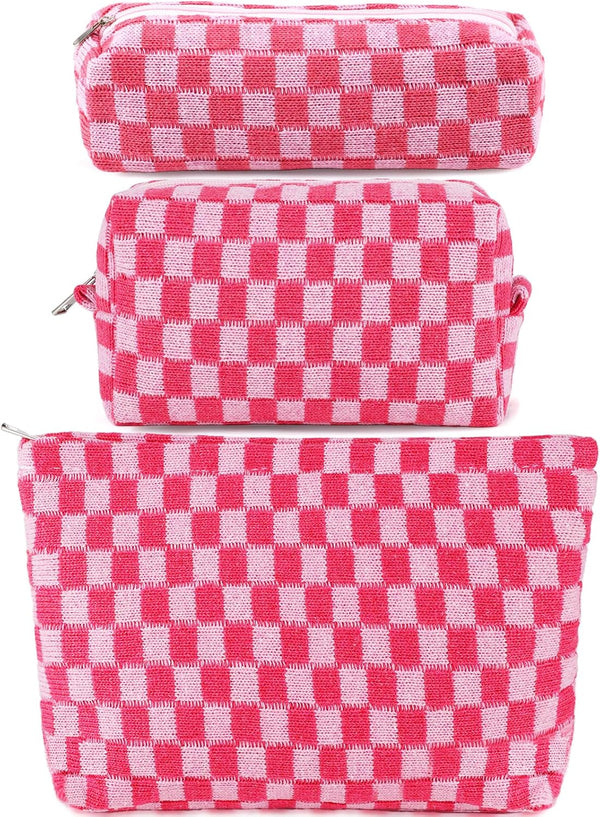 3Pcs Checkered Makeup Bag for Women, Large Cosmetic Bag Set, Travel Toiletry Bag, Pink Zipper Organizer