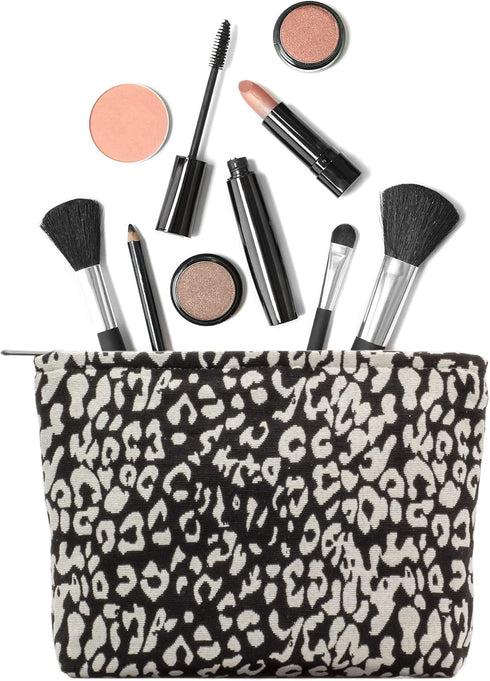 Makeup Bags for Purse, Large Zipper Cosmetic Pouch, Travel Canvas Make Up Organizer Tool Pouch for Women, Leopard Black
