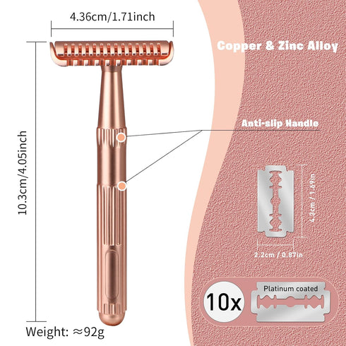 Rose Gold Safety Razor for Women and Men, Single Blade Metal Razors with 10 Double Edge Blades, Open Comb Razor