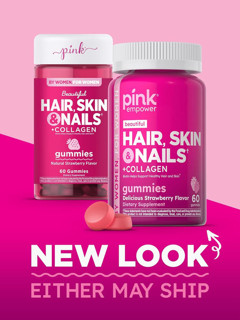 PINK Hair Skin Nails Gummies - 60 Count, Plus Collagen & Biotin, Strawberry Flavor