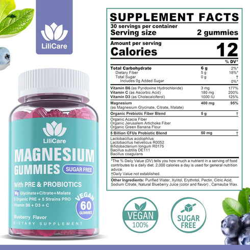 Sugar Free Magnesium Gummies 400mg with Organic Prebiotics & Probiotics - 5 Billion CFUs, Magnesium Glycinate, Malate,