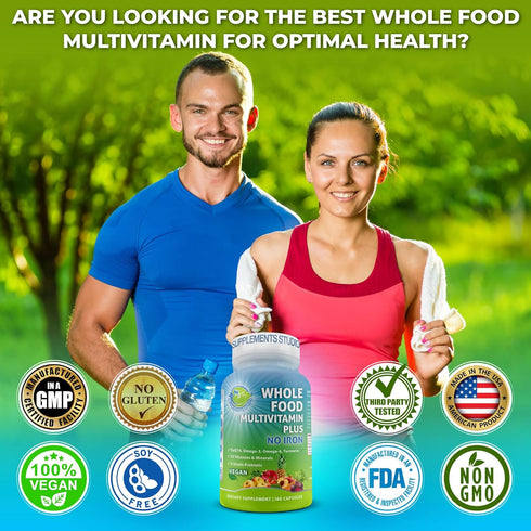 Vegan Whole Food Multivitamin Without Iron, Daily Multivitamin for Women and Men, Made with Fruits & Vegetables, 180