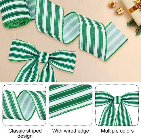 TONIFUL 2 Rolls Green Striped Wired Ribbon, 2 Inch, Green and White for Gift Wrapping, Bows Making, Party Decoration