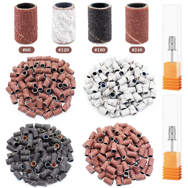 Rolybag Sanding Bands for Nail Drill, 240 Pieces Coarse Fine Grit Efile Sand Set, 2 Pieces 3/32 Inch Nail Drill Bits