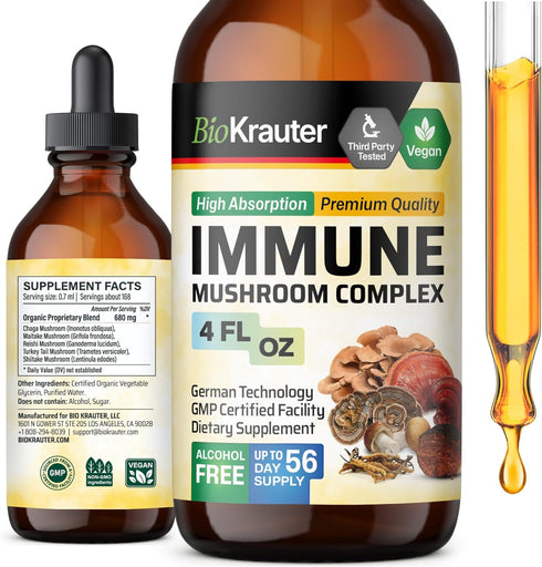 MAUWE HERBS Immune Support Mushroom Supplement 6-in-1 - Organic Liquid Extract Tincture, 4 Fl.Oz.