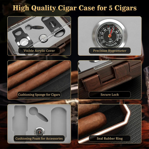 Cigar Humidor Set, Travel Humidor for Cigars, Includes 2 Cigar Cutters, Humidity Pack, Airtight Cigar Case (Dark)