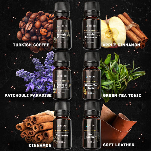 Scented Oil Gift Set - Professional Fragrance Oils 6 Pack 10ml, Apple Cinnamon, Turkish Coffee, Patchouli Paradise