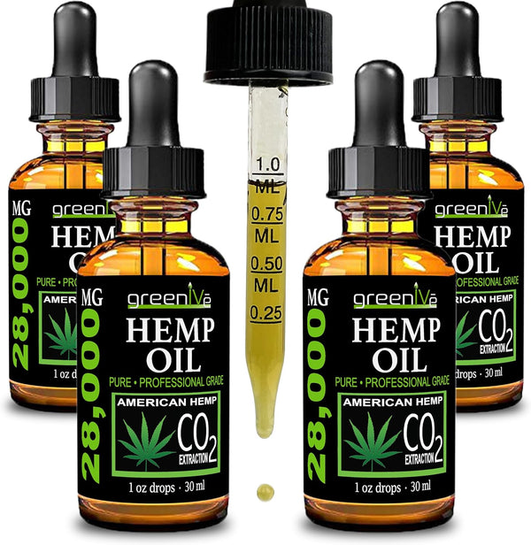 GreenIVe Hemp Drops 28,000mg Organically Grown Pure Hemp Oil Drops, Vegan Omegas, Natural Potent Results (4 Pack)
