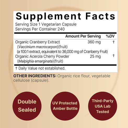 Naturebell Cranberry Pills 36,000mg with Acerola, 240 Veggie Capsules, Organic Ingredients for Urinary Tract Health