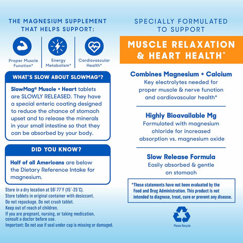 SlowMag Muscle + Heart Magnesium Chloride with Calcium Supplement - Supports Muscle Relaxation and Heart Health, 60