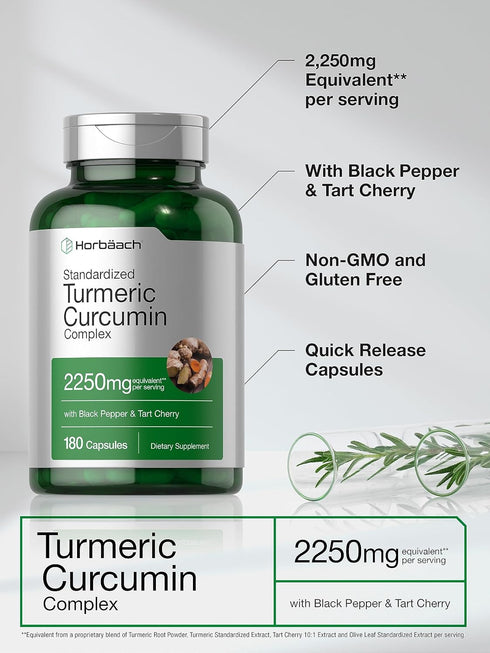 Horbaeach Turmeric Supplement with Black Pepper 2250mg | 180 Capsules | Non-GMO, Gluten Free