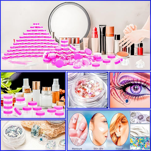 MotBach 100 Pcs 3g Empty Plastic Containers with Lids, Tiny Makeup Sample Containers, Pink Round Jars