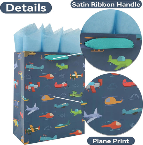 wishinside 13 Set 1 Large Helicopter Plane Gift Bag with Handles, Greeting Card, Tissue Papers and Stickers for Boys