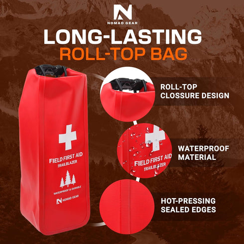 N NOMAD GEAR 64-Piece Waterproof First Aid Kit for Camping, Boating, Hiking Outdoor Emergency Medical Bag with Roll-Top
