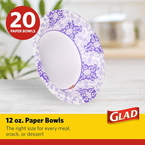 Glad Round Disposable Paper Bowls, Purple Victorian Design, Heavy Duty, 12 Oz, 20 Count