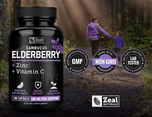 Zeal Naturals Max Strength Elderberry Capsules + Zinc + Vitamin C, 500mg for Immune System Support, 100 Count