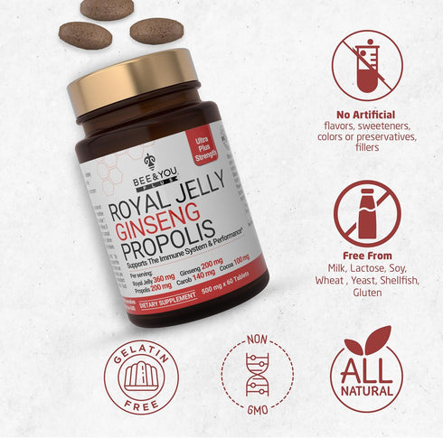 Bee and You Royal Jelly with Ginseng - 60ct, 100% Natural Superfood, Immune Support Supplement, Gluten-Free