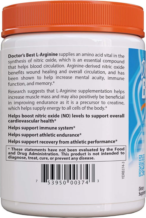 Doctor's Best L-arginine HCL Powder, Non-GMO, Vegan, Gluten Free, 300g for Muscle Growth