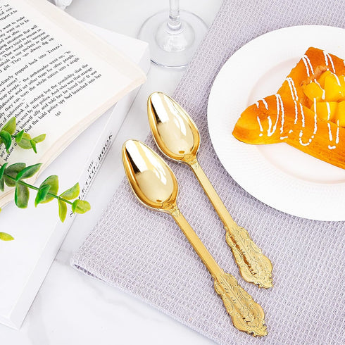 WDF 100 Piece Gold Plastic Spoons, 6.93 Inch Heavy Duty Disposable Silverware for Dessert Cake, Party or Daily Use