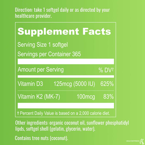 UpNourish Liposomal D3 & K2 MK-7, 365 Mini Softgels - 5000 IU Vitamin D3 & 100 mcg Vitamin K2 for Bone Health