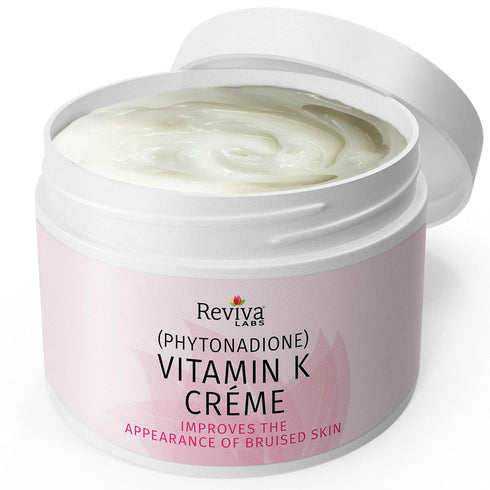 Reviva Labs Vitamin K Crème, 2 Oz for Bruising, Under-Eye Dark Circles, Wrinkles, Soybean Oil, Natural Fruit Extracts
