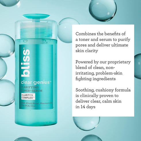 Bliss Clear Genius Clarifying Toner + Serum - 4.3 Fl Oz, Purifies Pores, Tones, Calms Skin, Vegan & Cruelty-Free