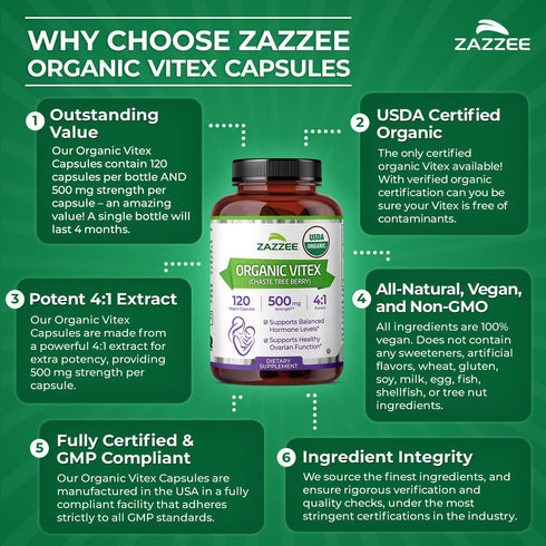 Zazzee USDA Organic Vitex, 500 mg Strength, 120 Vegan Capsules, 4 Month Supply