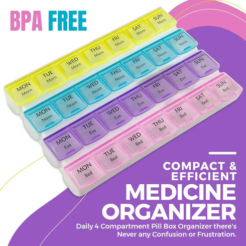 Weekly Pill Organizer - 4-Times-a-Day Pill Planner with Daily Morning, Noon, Evening & Night Compartments