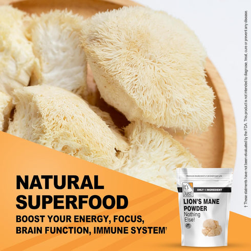 Immune 8oz It's Just! - Lion's Mane Mushroom Powder, Natural Raw Superfood, Brain Support, Health, Boost Energy