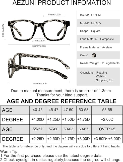 AEZUNI 6.0 Designer Reading Glasses for Women, Strong Reader 600 for Lady (1.0 to 6.0)