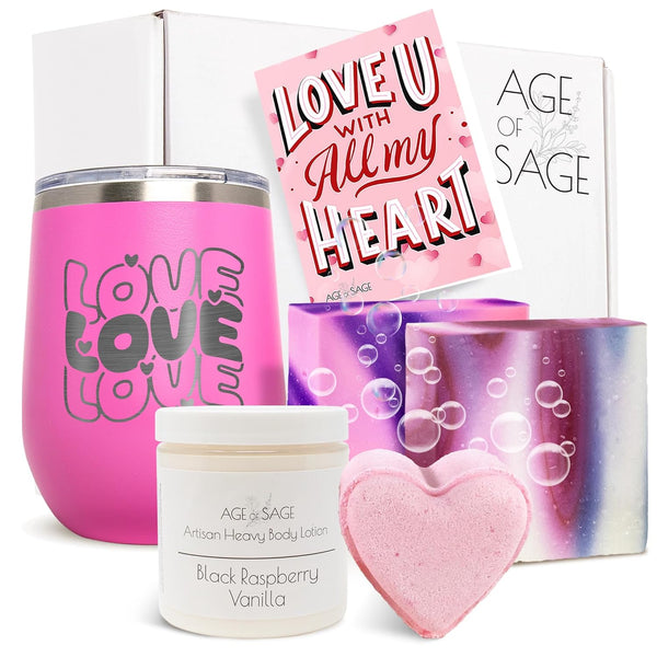 LOVE Box Spa Gift Set for Women - 6pcs Self Care Kit with Lotion, Soap, Bath Bomb, Pink Tumbler - Spa Gift Baskets