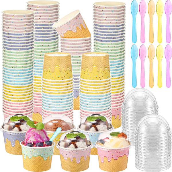 Jingmore 120 Set 6oz Ice Cream Paper Cups with Lids and Spoons, Disposable