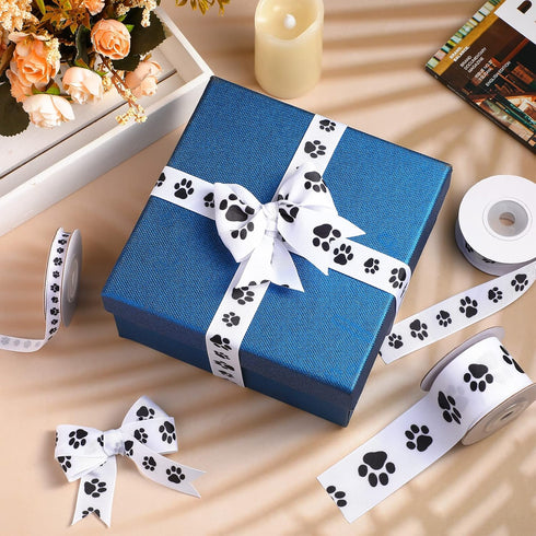 Paw Print Ribbon, 3 Rolls Gift Wrapping Dog Grosgrain Ribbon for DIY Crafts, Bows, Decoration (15 Yards, White and