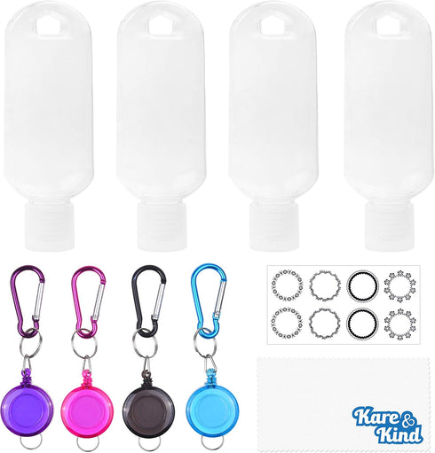 Kare & Kind Clear Portable Travel Bottles - 4x Empty Containers, 4x Carabiner/Retractable Lanyard, 1x