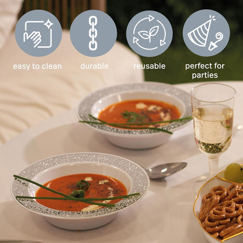 MATANA 20 pc Premium Plastic Party Bowls with Silver Lace Rim, 7" Inch/12oz, Heavy Duty, Reusable for Parties