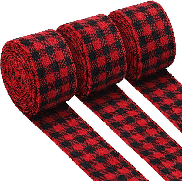 3 Rolls Buffalo Plaid Burlap Wired Ribbon, 2.4 Inches for Big Bow Wreath Decoration