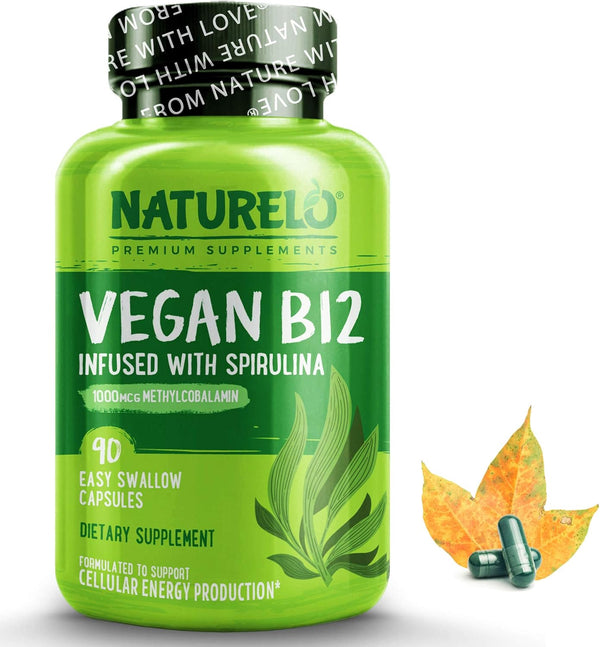 NATURELO Vegan B12 - High Potency Methyl B12 1000 mcg with Organic Spirulina - Supports Mood, Energy, Heart & Eye
