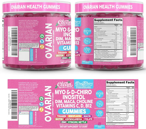 Gummies D3 B12 60 Count OVA Bloom Ovarian Support Myo Inositol D-Chiro Inositol Choline Flax Biotin Riboflavin Thiamin