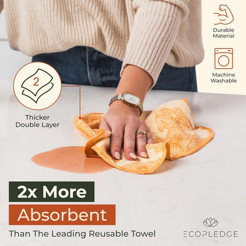 Reusable Paper Towels Washable Roll - 12-pc Two Layered Ultra Absorbent Organic Cotton Kitchen Towels