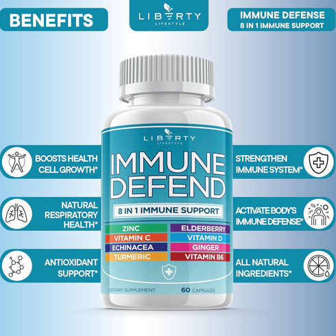 8 in 1 Immune Defense Support - Immunity Vitamins Supplement with Zinc, Vitamin C, Elderberry, and Turmeric
