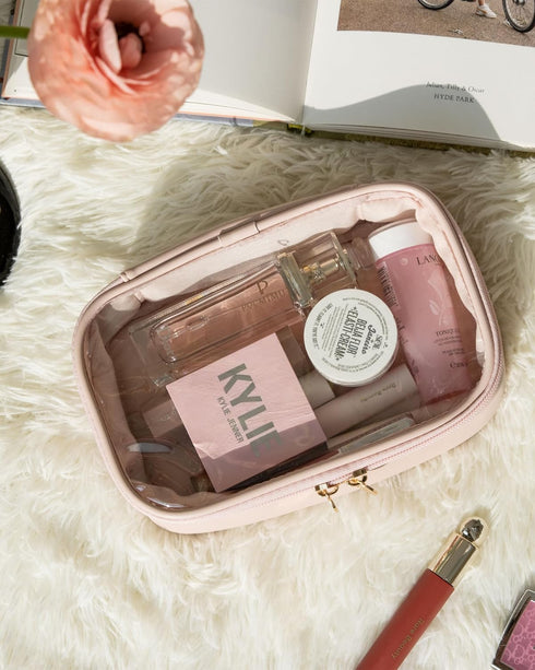 Pocmimut Makeup Bag, PU Leather Clear Travel Makeup Bag, Car Essentials for Women, Cosmetic Bag Organizers (Pink)
