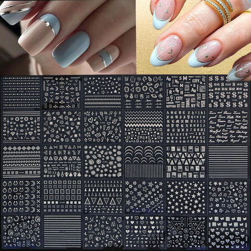 90 Sheets Silver Nail Art Stickers, Holographic Laser 3D Self Adhesive Designs for Nail Decoration with Tweezer
