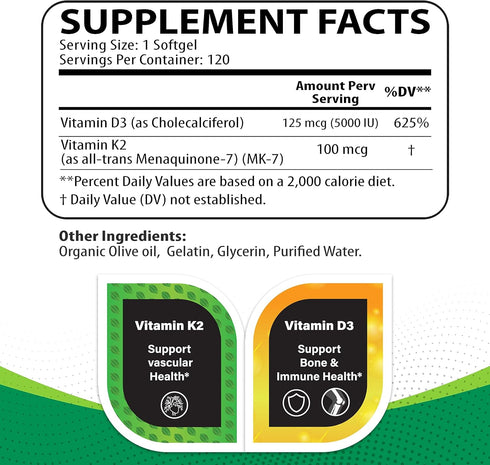 Vitamin K2 + D3 Supplement, 120 Softgels for Cardiovascular & Bone Health, Non-GMO & Allergen-Free
