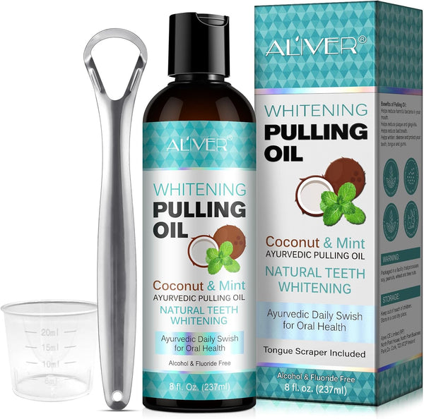 Coconut Oil Pulling with Peppermint Mouthwash, 237ML, Fresh Breath, Organic Essential Oils, Tongue Scraper