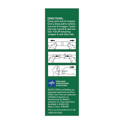 Wrapper.75" 3", 30 Count Curad Germ Shield Touch-Free Adhesive Bandage, Plastic Bandage with Easy Application x