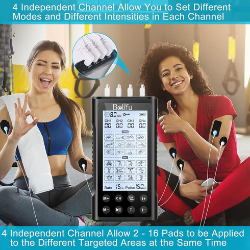 Belifu 4 Channel TENS EMS Unit, 24 Modes, Rechargeable Electric Pulse Massager for Pain Relief Therapy (Black)
