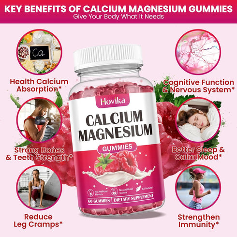 Calcium Magnesium Zinc Gummies with Vitamin D3, K2, B6, B12 - Supports Bone Strength & Muscle Function - 60 Gummies