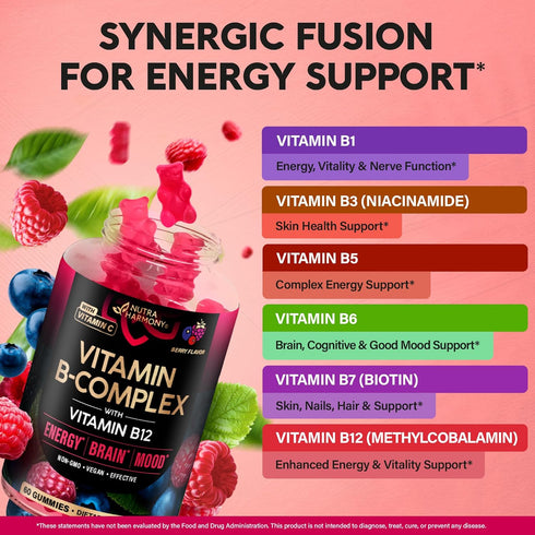 Gummies B12, B1, B2, B3, B5, B6, B7 B9 60 Gummies 2 Vitamin B-Complex for Women & Men - Vitamin & - B Complex